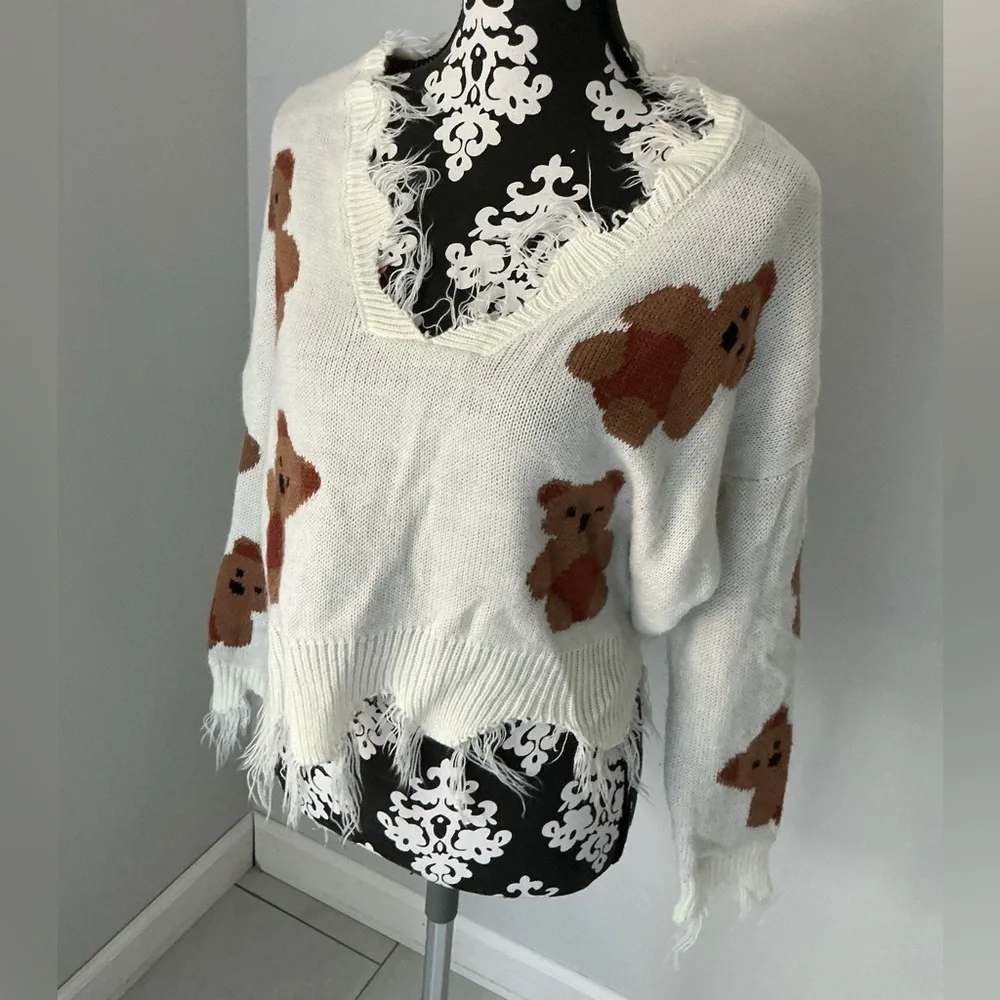 Just Polly NY Teddy Bear Sweater Women's Medium V-Neck Fray Frilly Knit